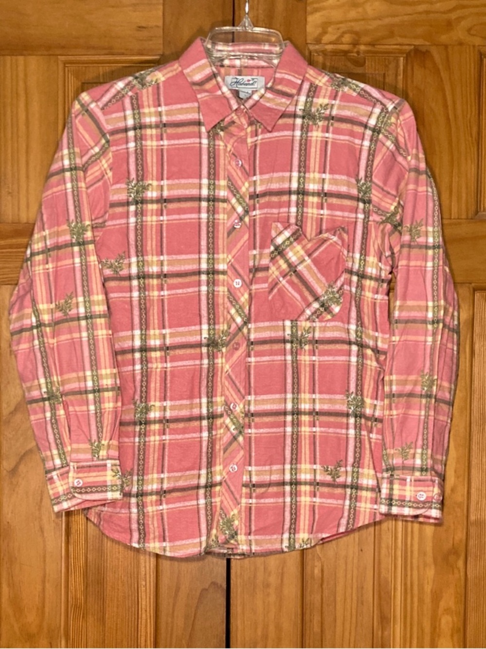 NWOT Haband Vintage 90s Top Flannel Long Sleeve Blouse Pink Green Size L Large